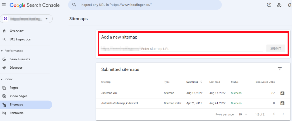 Sección de Sitemaps en Google Search Console