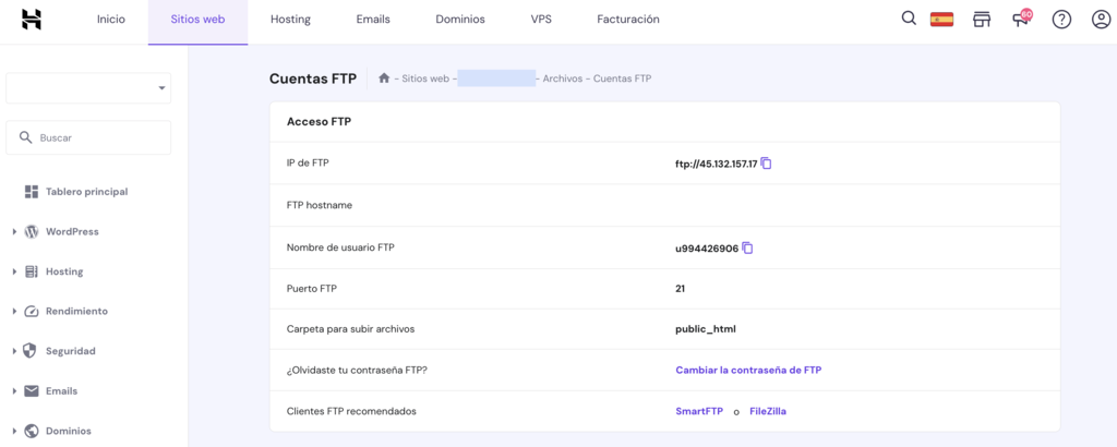 Sección FTP de hPanel