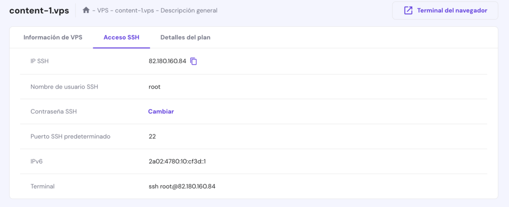 Sección de VPS en hPanel