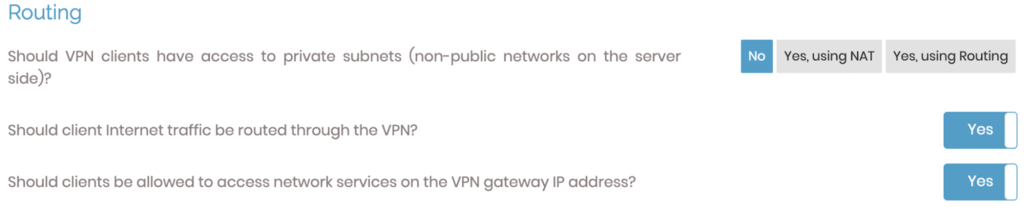 La sección de enrutamiento en el panel de control de OpenVPN