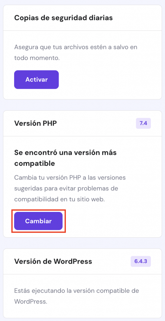 Versión PHP en Hostinger