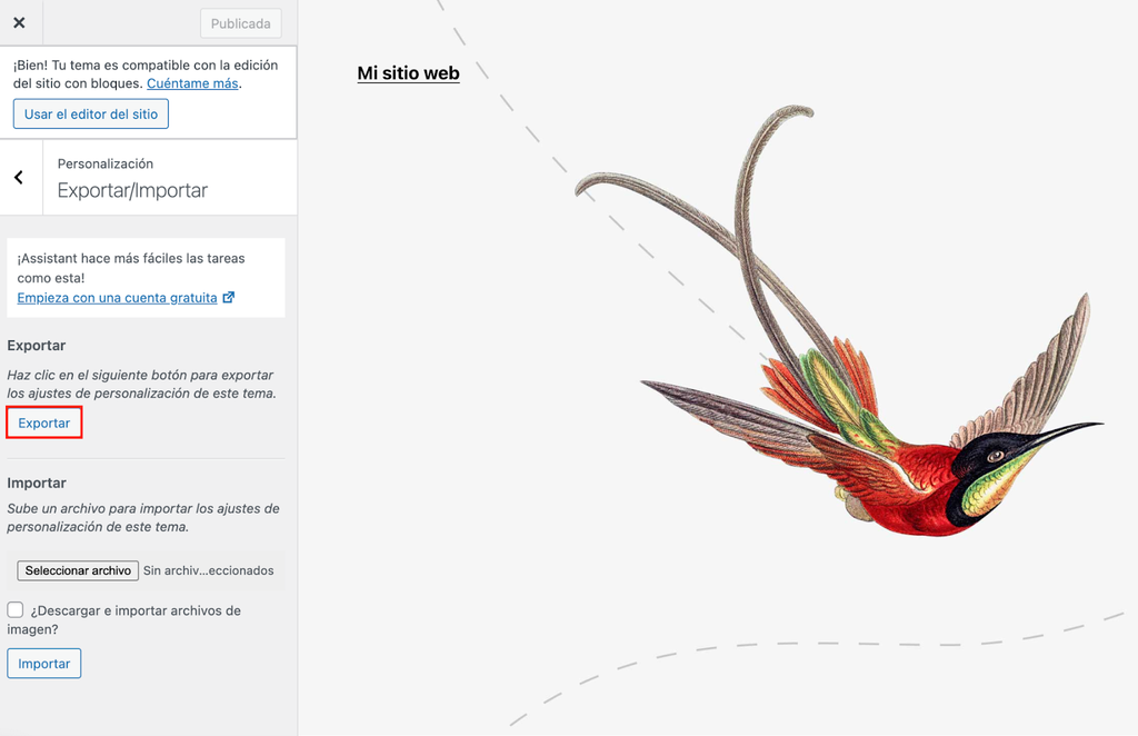 Opción Exportar del editor de tema de WP