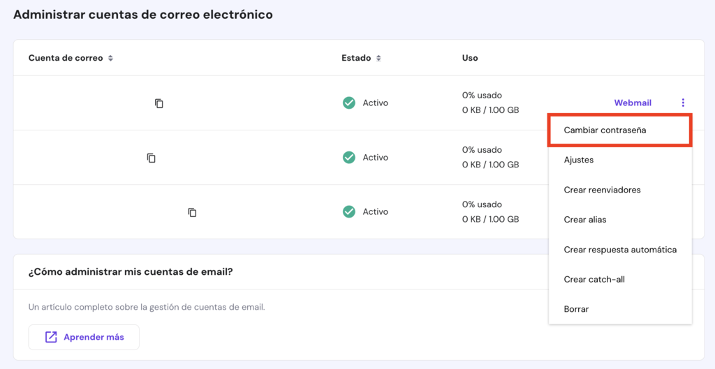 Cambiar contraseña de correo en hPanel