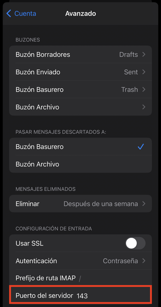 Configuración del puerto en correo en iPhone