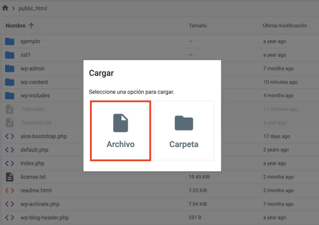 Opción para subir archivos en hPanel