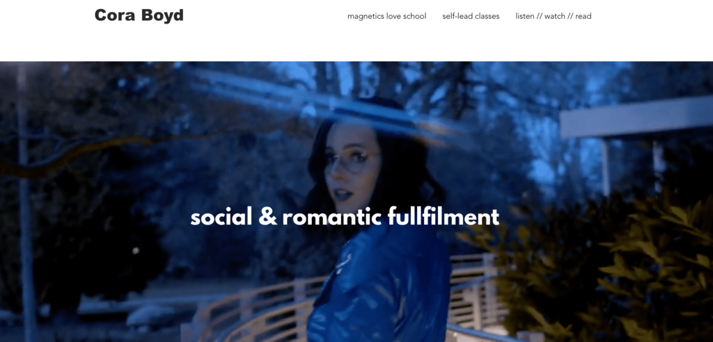 Página de inicio de Cora Boyd, dueña de un pequeño negocio de consultoría de citas