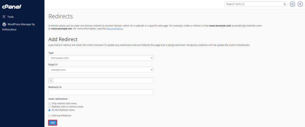 Sección de redirecciones de cPanel