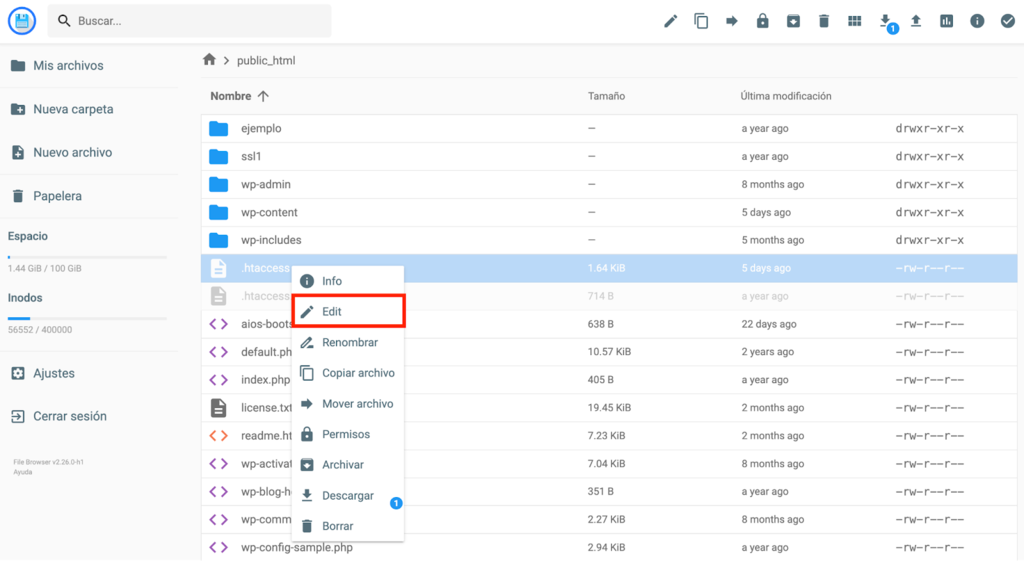 Opción de editar del Administrador de archivos de Hostinger