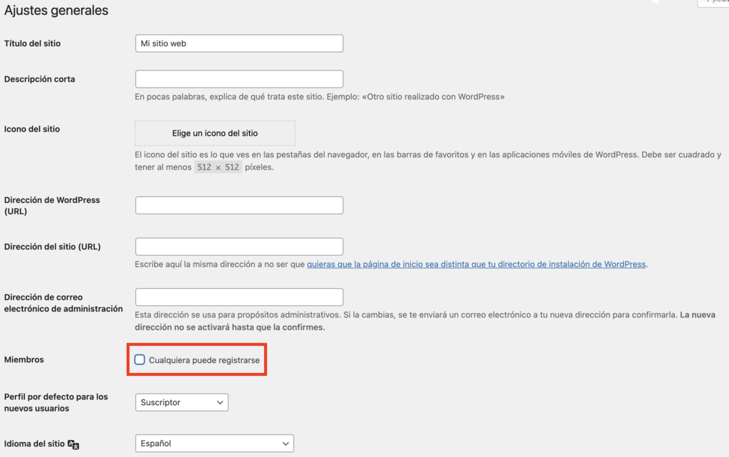 Sección de ajustes generales de WP