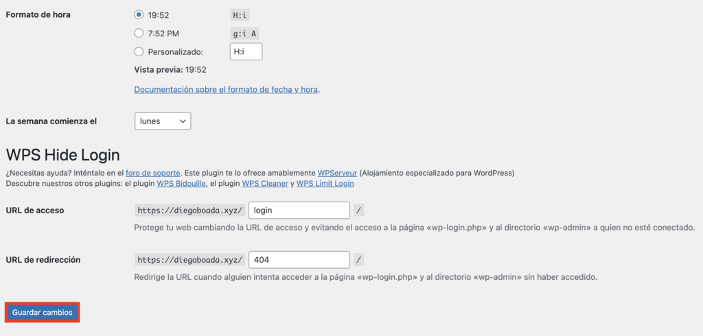Botón de Guardar cambios de WP