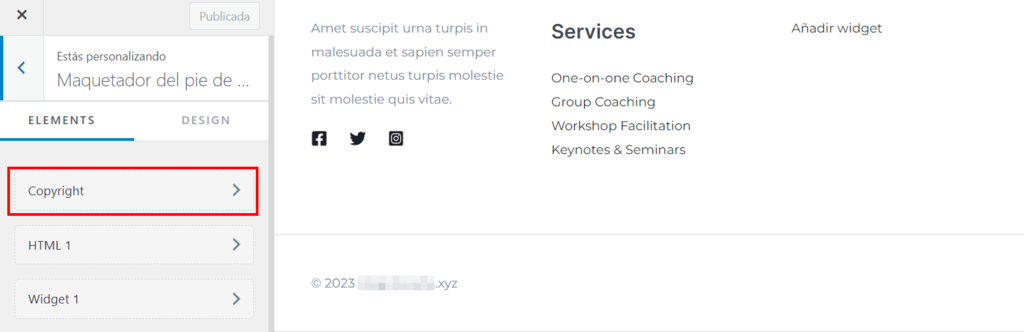 Sección Maquetador del pie de página del tema Astra