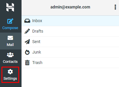 Die Webmail-Oberfläche von Hostinger mit dem hervorgehobenen Menü Settings