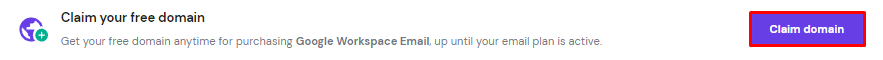 Der Bereich Claim your free domain im hPanel, der die Schaltfläche Claim domain hervorhebt