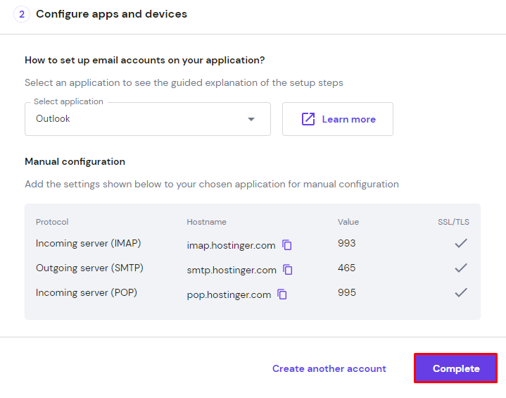 Der Abschnitt Configure apps and devices section on hPanel, mit dem hervorgehobenen Button Complete