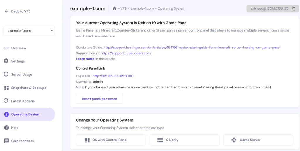 Der Abschnitt Operating System im hPanel.