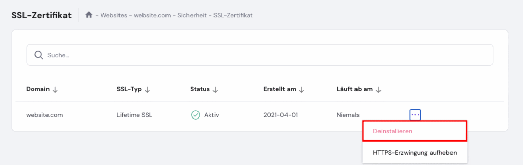 Die Option Deinstallieren auf der Seite SSL-Zertifikat von hPanel