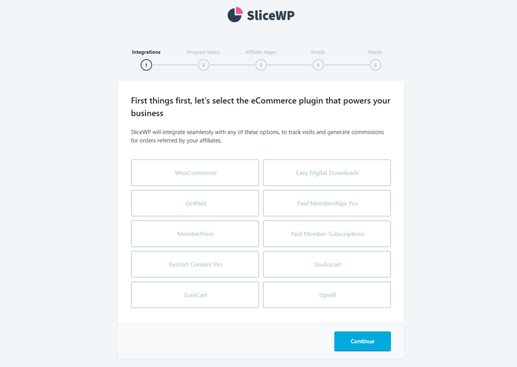 Die E‑Commerce-Auswahlseite im Ersteinrichtungsassistenten von SliceWP
