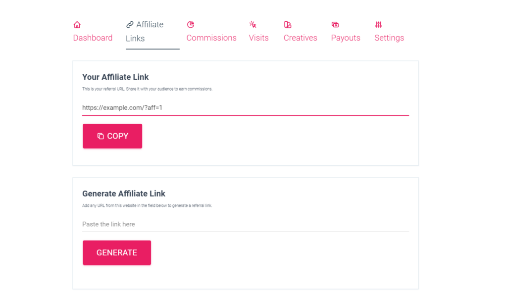 Die Registerkarte „Affiliate-Link“ im Affiliate-Dashboard-Bereich von SliceWP