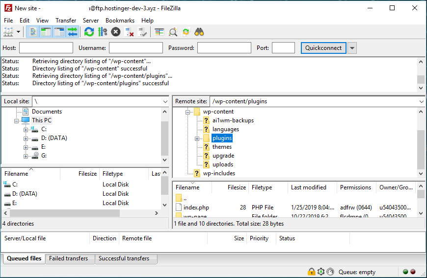 Oberfläche des FileZilla-FTP-Clients beim Hochladen einer WordPress-Plugin-Datei