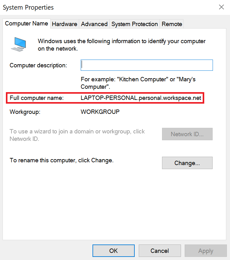 Windows-Systemeigenschaften mit Hervorhebung des Computernamens