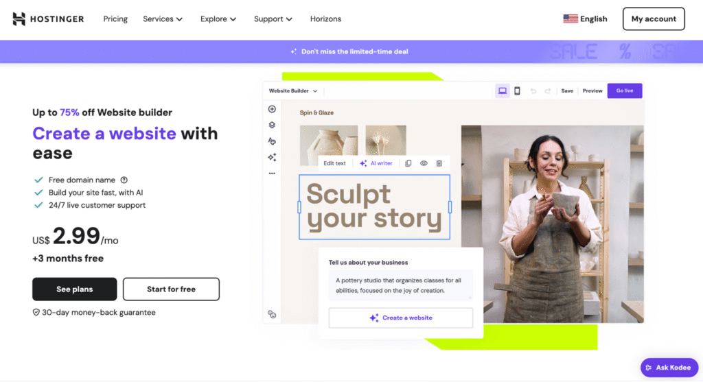 Landingpage des Website-Baukastens von Hostinger