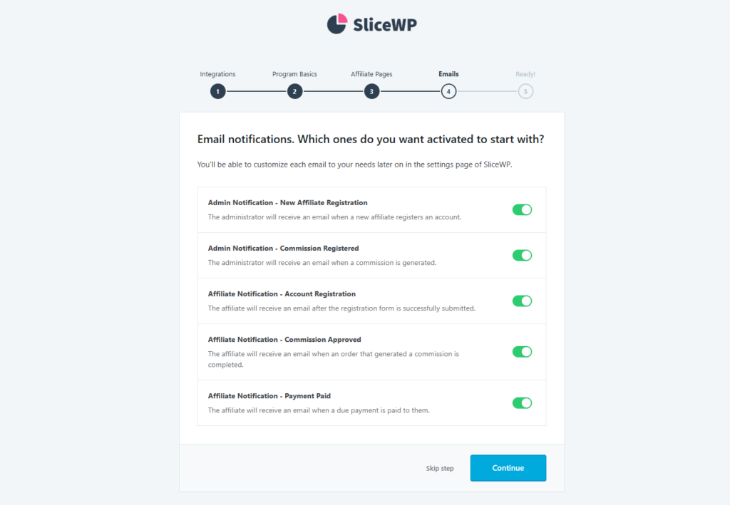 Die Seite mit den E-Mail-Benachrichtigungseinstellungen im Ersteinrichtungsassistenten von SliceWP