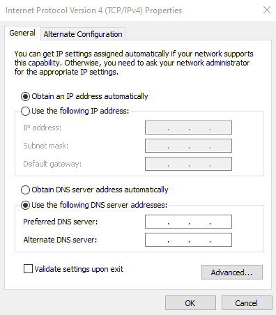 Das Dialogfeld „Internetprotokoll, Version 4 (TCP/IPv4)-Eigenschaften“ in Windows