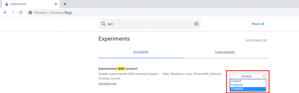 Eine experimentelle QUIC-Protokollfunktion wurde auf der Chrome-Flags-Seite deaktiviert.
