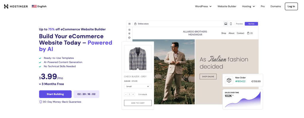 Landingpage des E-Commerce-Website-Baukastens von Hostinger Website Builder