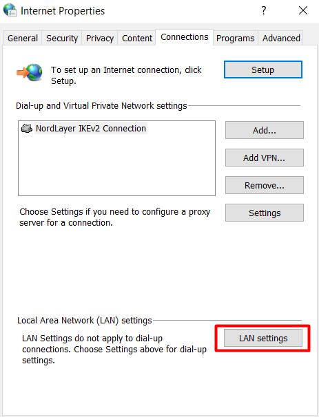 Die Schaltfläche „LAN-Einstellungen“ auf der Registerkarte „Verbindungen“ des Fensters „Internetoptionen“