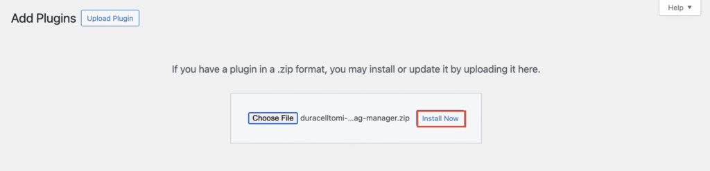 Die Schaltfläche „Install Now“ zum Hochladen einer WordPress-Plugin-Datei