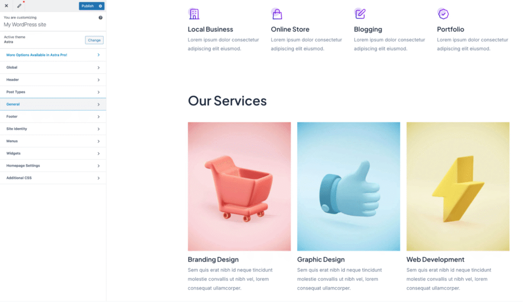 WordPress-Customizer-Seitenleiste mit Theme-Einstellungen und einer Live-Vorschau der Website auf der rechten Seite