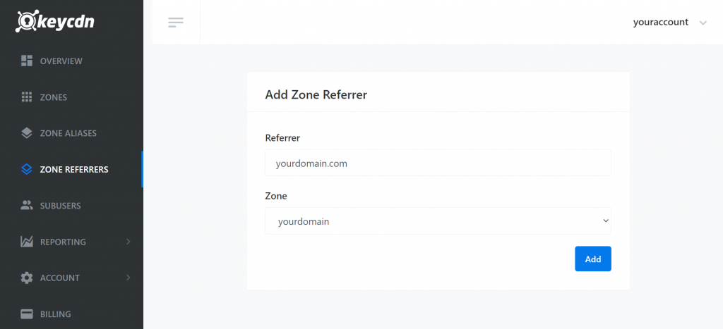 Wählen Sie die Zone bei KeyCDN aus.