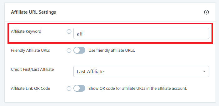Das Affiliate-Keyword-Feld, hervorgehoben in den Affiliate-URL-Einstellungen von SliceWP