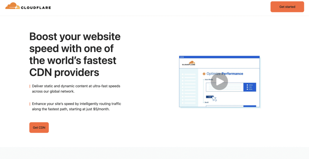 Cloudflare-Webseite, die CDN-Dienste zur Steigerung der Website-Geschwindigkeit bewirbt, mit einer Oberfläche zur Performance-Optimierung und einem Video.