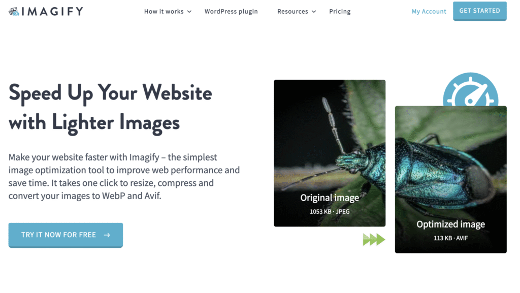 Ein Webbanner, das Imagify bewirbt und die Bildoptimierung für schnellere Websites hervorhebt, mit Beispielen von Original- und optimierten Bildern.