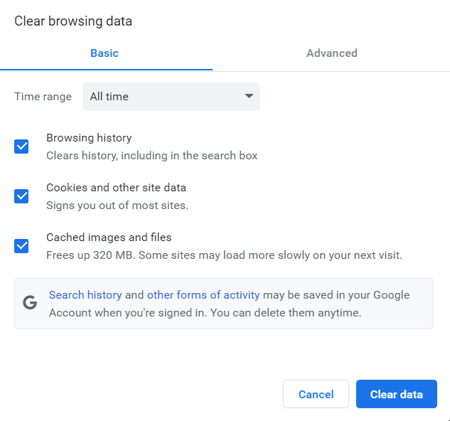 Die Einstellungen zum Löschen von Browserdaten in Google Chrome.