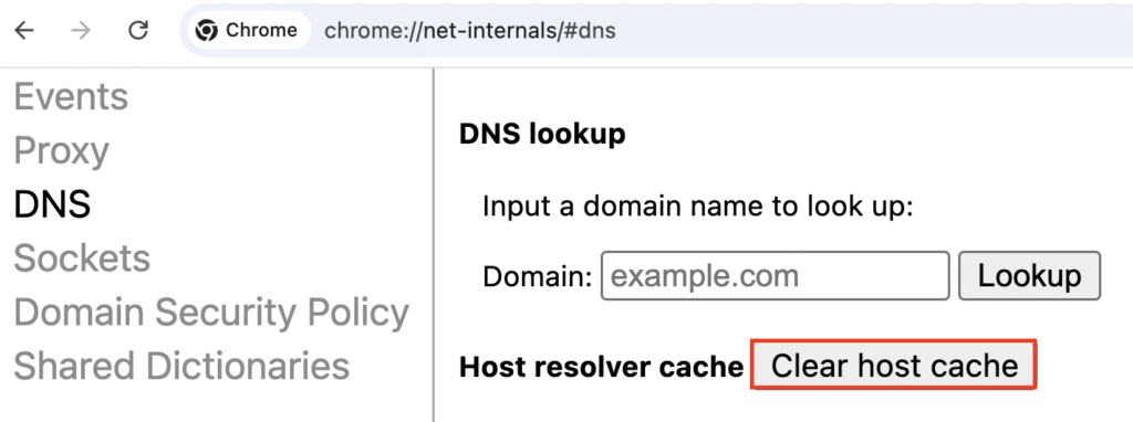 Die Schaltfläche „Host-Cache löschen“ auf Chromes DNS-Lookup-Seite