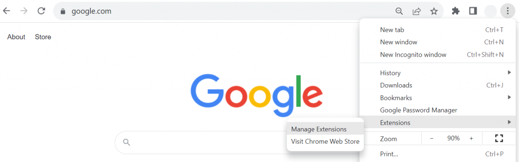 Die Menüs „Erweiterungen“ und „Erweiterungen verwalten“ des Chrome-Browsers hervorgehoben