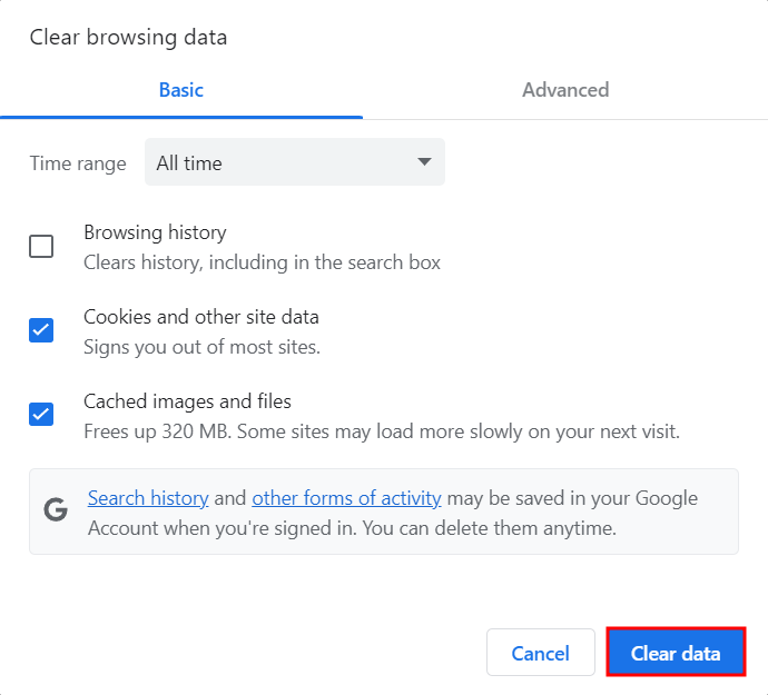 das Pop-up-Fenster „Browserdaten löschen“