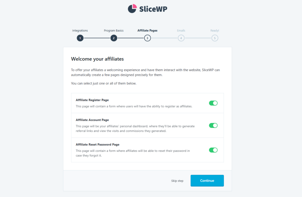 Die Seite zur Erstellung der Affiliate-Seiten im Assistenten für die Ersteinrichtung von SliceWP