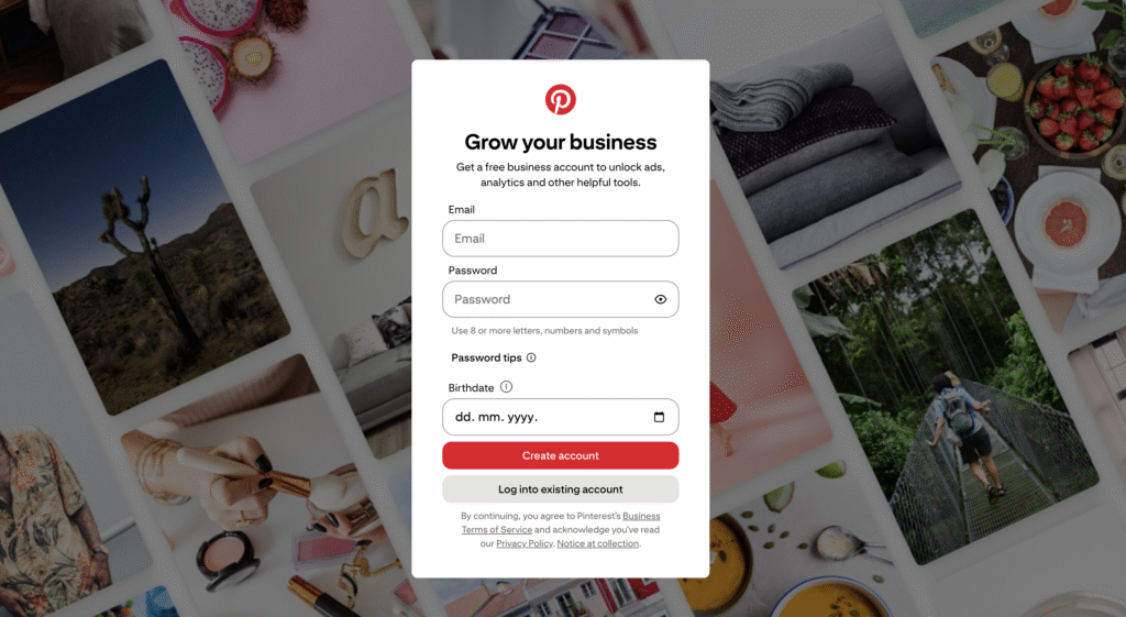 Eine Anmeldeoberfläche für ein Pinterest-Unternehmenskonto mit Feldern für E‑Mail, Passwort und Geburtsdatum, umgeben von lebendigen Bildern.
