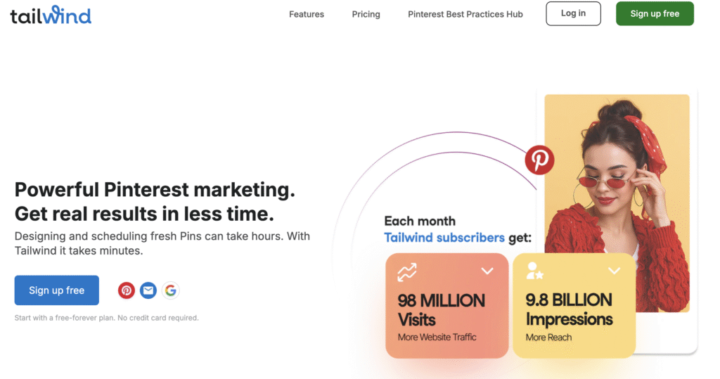 Tailwind-Webseite, die Pinterest-Marketing bewirbt. Eine Frau in Rot rückt ihre Sonnenbrille zurecht und symbolisiert die Effizienz von Tailwind. Der Text hebt 98 Millionen Besuche und 9,8 Milliarden Impressionen hervor. Registrieren-Button sichtbar.