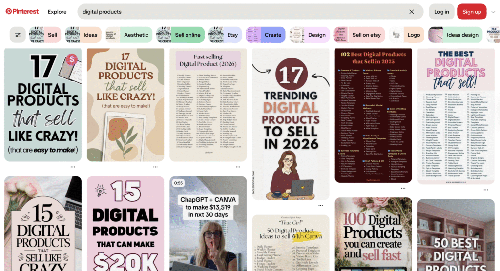 Eine Pinterest-Collage, die verschiedene Beiträge über angesagte digitale Produkte zum Verkauf präsentiert, darunter Planer, Vorlagen und Checklisten.