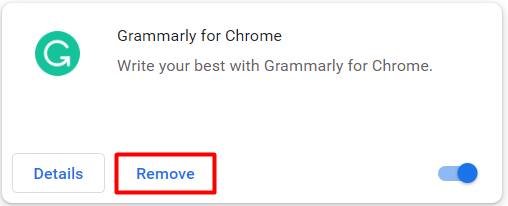 Die Schaltfläche „Entfernen“ in den Einstellungen für Erweiterungen in Google Chrome.