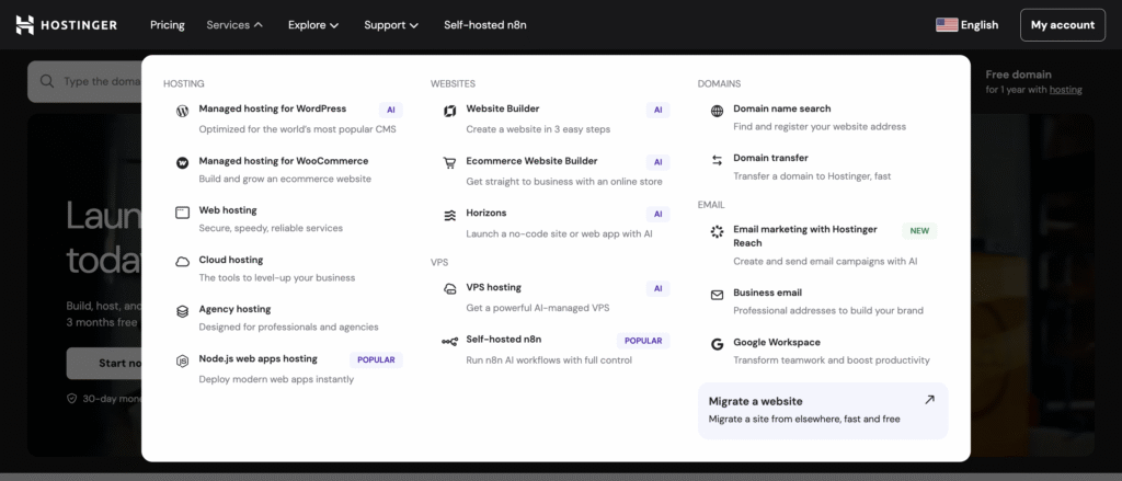 Dropdown-Menü von Hostinger, das übersichtlich gegliederte Optionen für Hosting, Websites und Domains anzeigt.