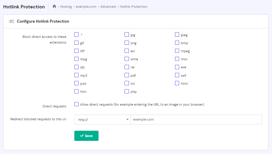 Das Menü **Hotlink Protection** in hPanel