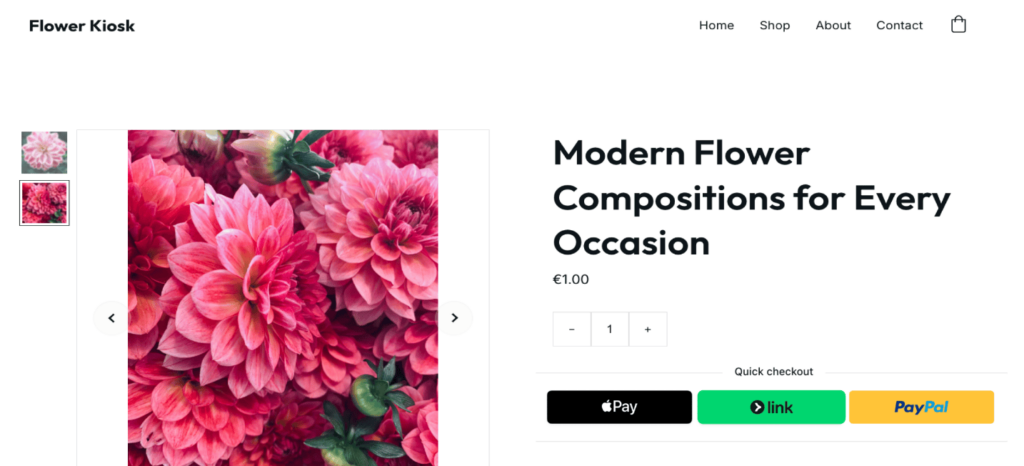 Mit dem Hostinger Website Builder erstellte Produktseite mit der Funktion „Schneller Checkout“