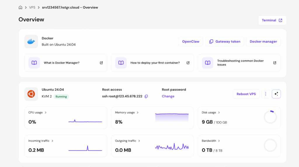 Hostinger Dashboard Docker Übersicht