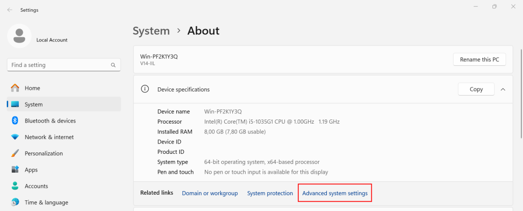 Windows-System, in dem das Menü „Erweiterte Systemeinstellungen“ hervorgehoben ist.